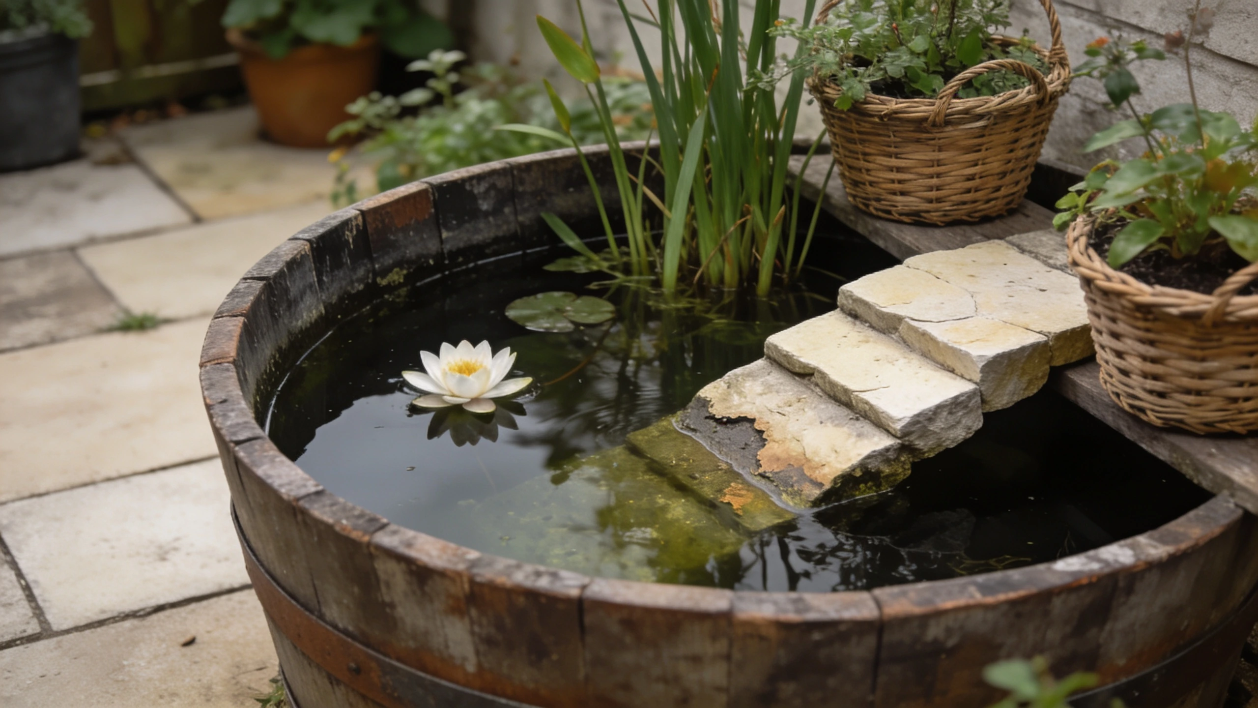 A half barrel pond, which is a real pond Half barrel container pond with a small waterlily, marginal plants and a stone ramp inside