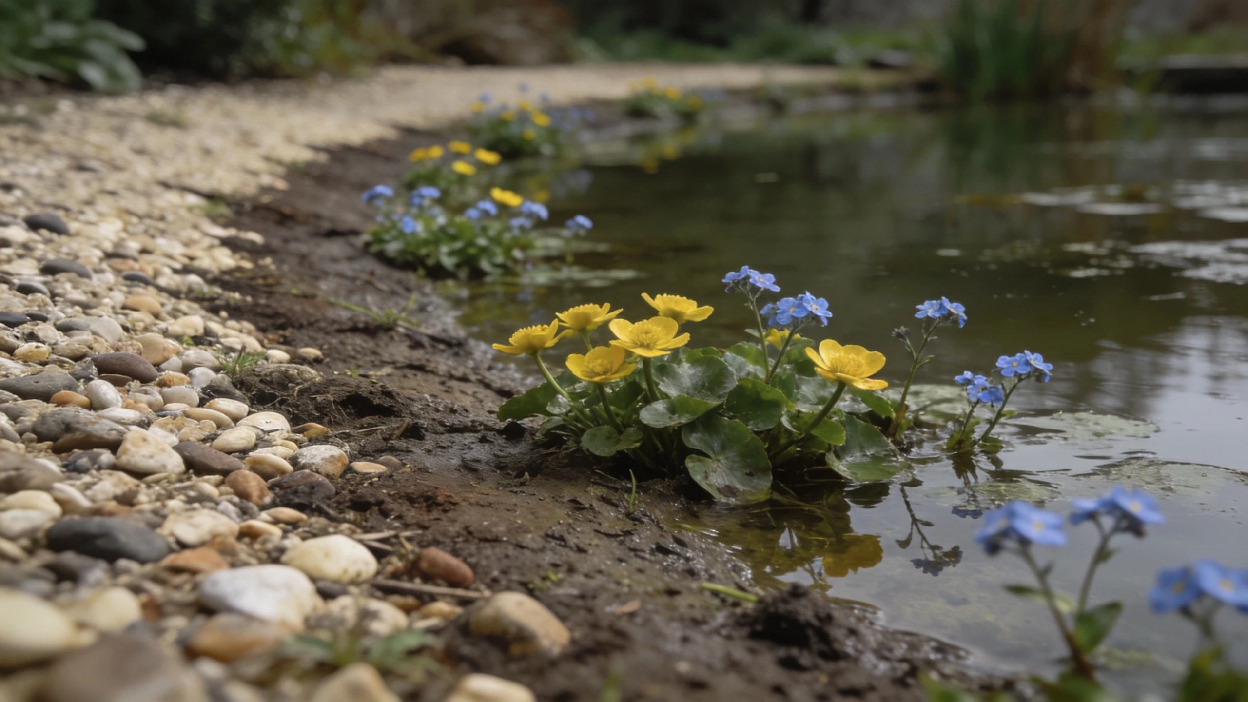 A shallow beach edge with marginal planting Pond edge sloping gradually from pebbles through mud to water with marsh marigold and iris