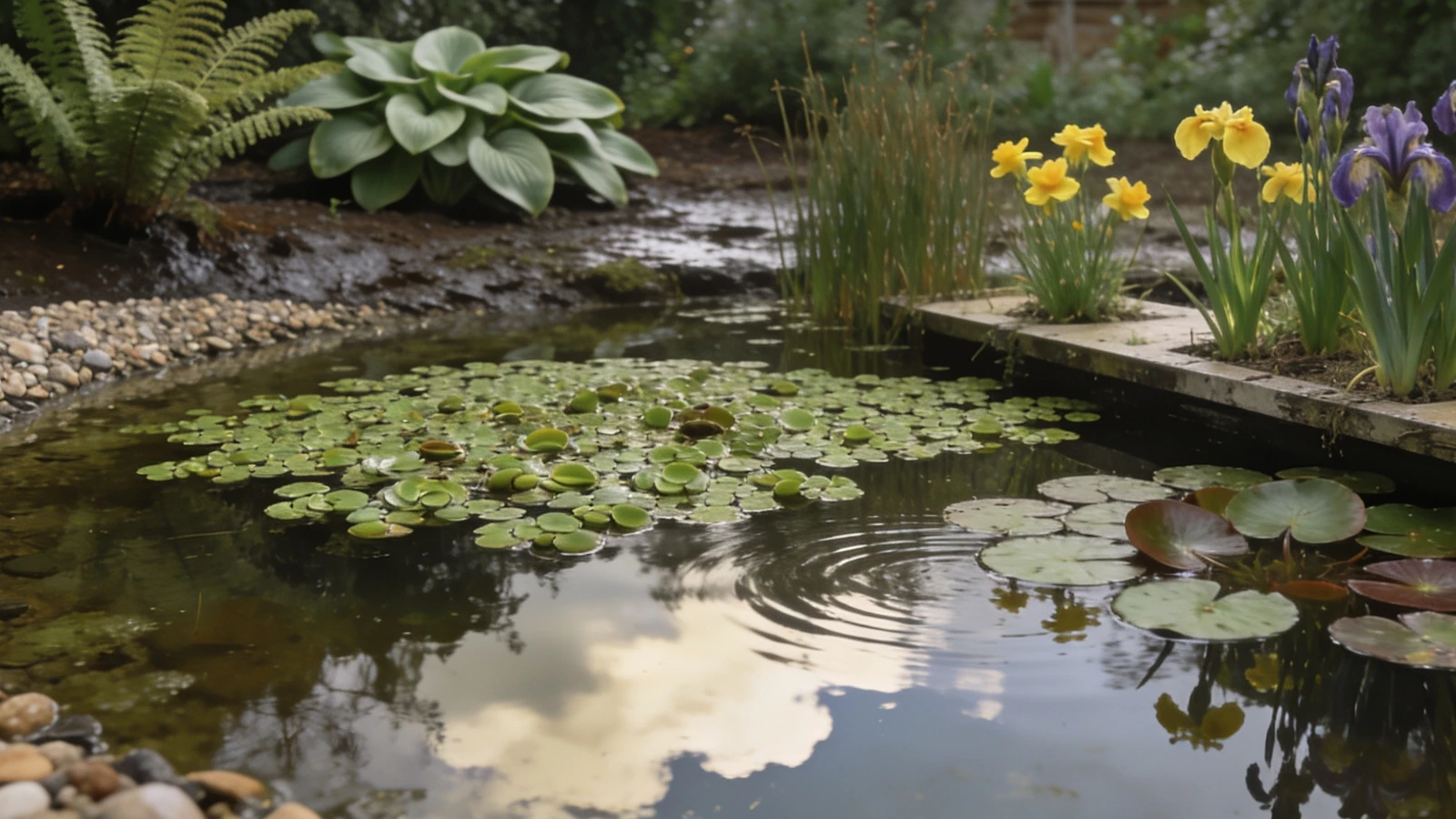 Small still pond with waterlily cover, marginal planting and a sloping pebble beach edge