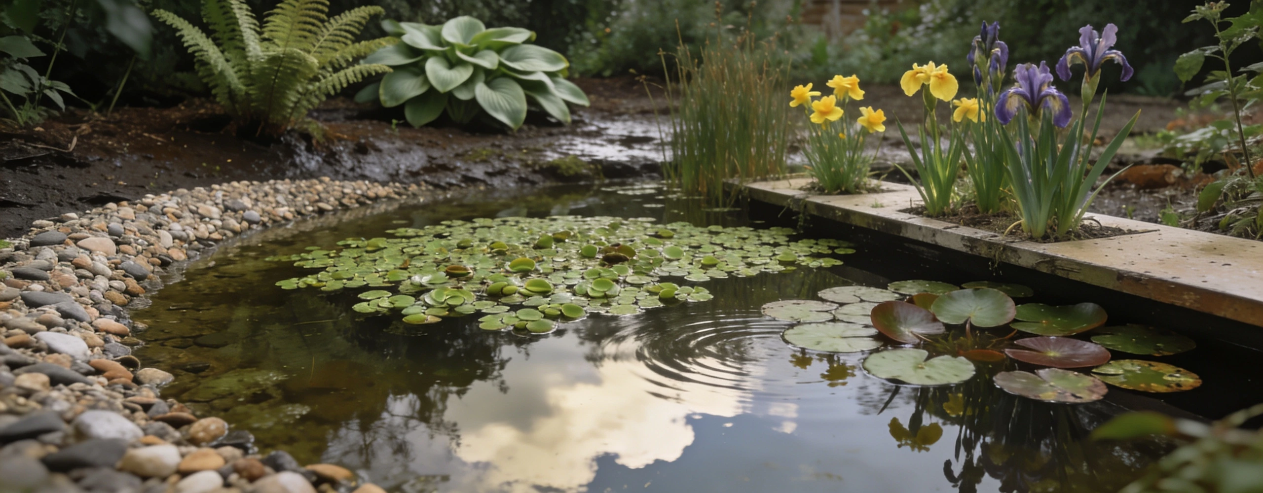 A small wildlife pond with no pump and no fish Small still pond with waterlily cover, marginal planting and a sloping pebble beach edge