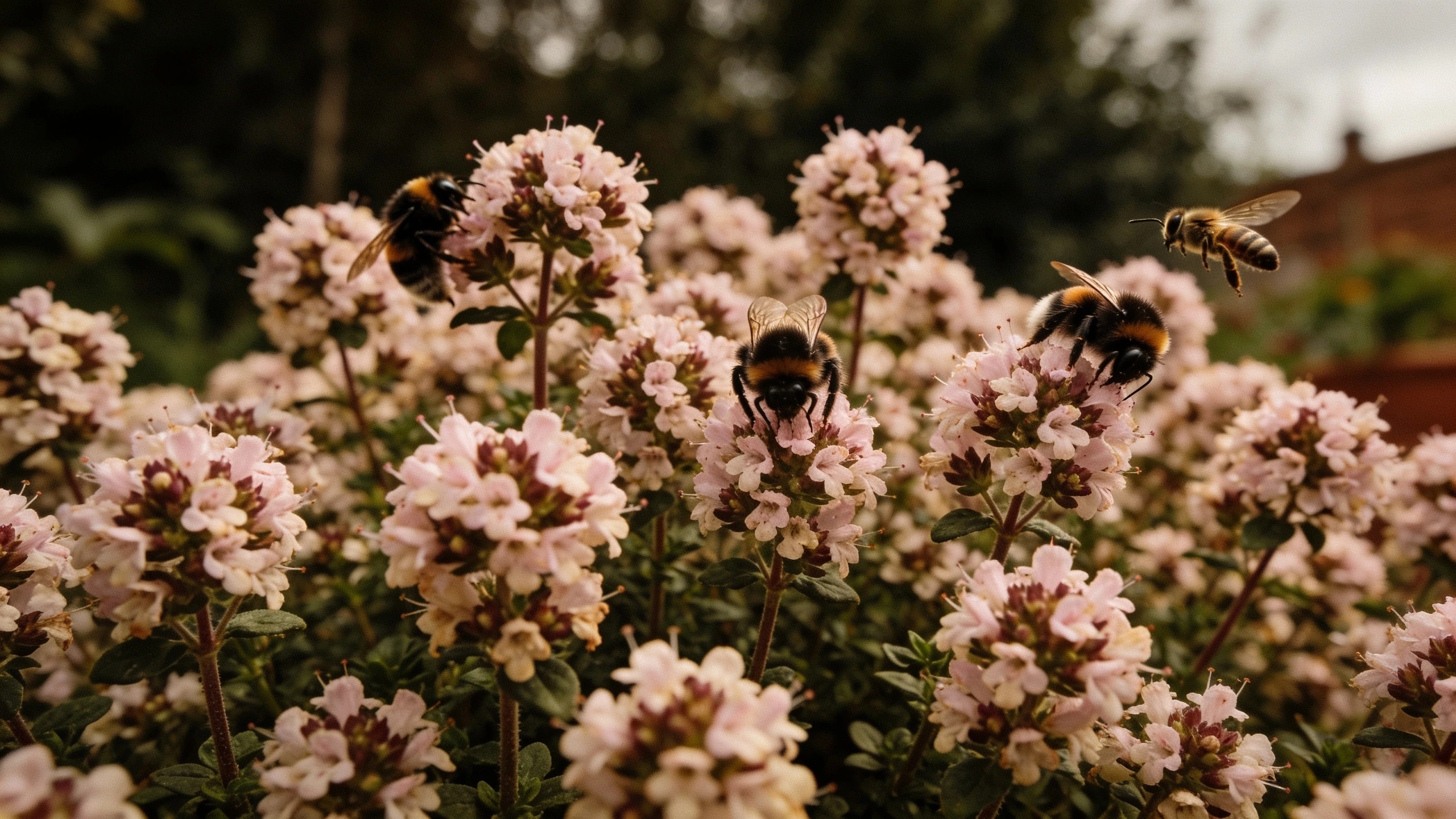 Marjoram left to flower, the best value plant on the page Clump of marjoram in full flower with several bees and a hoverfly working the pale pink heads