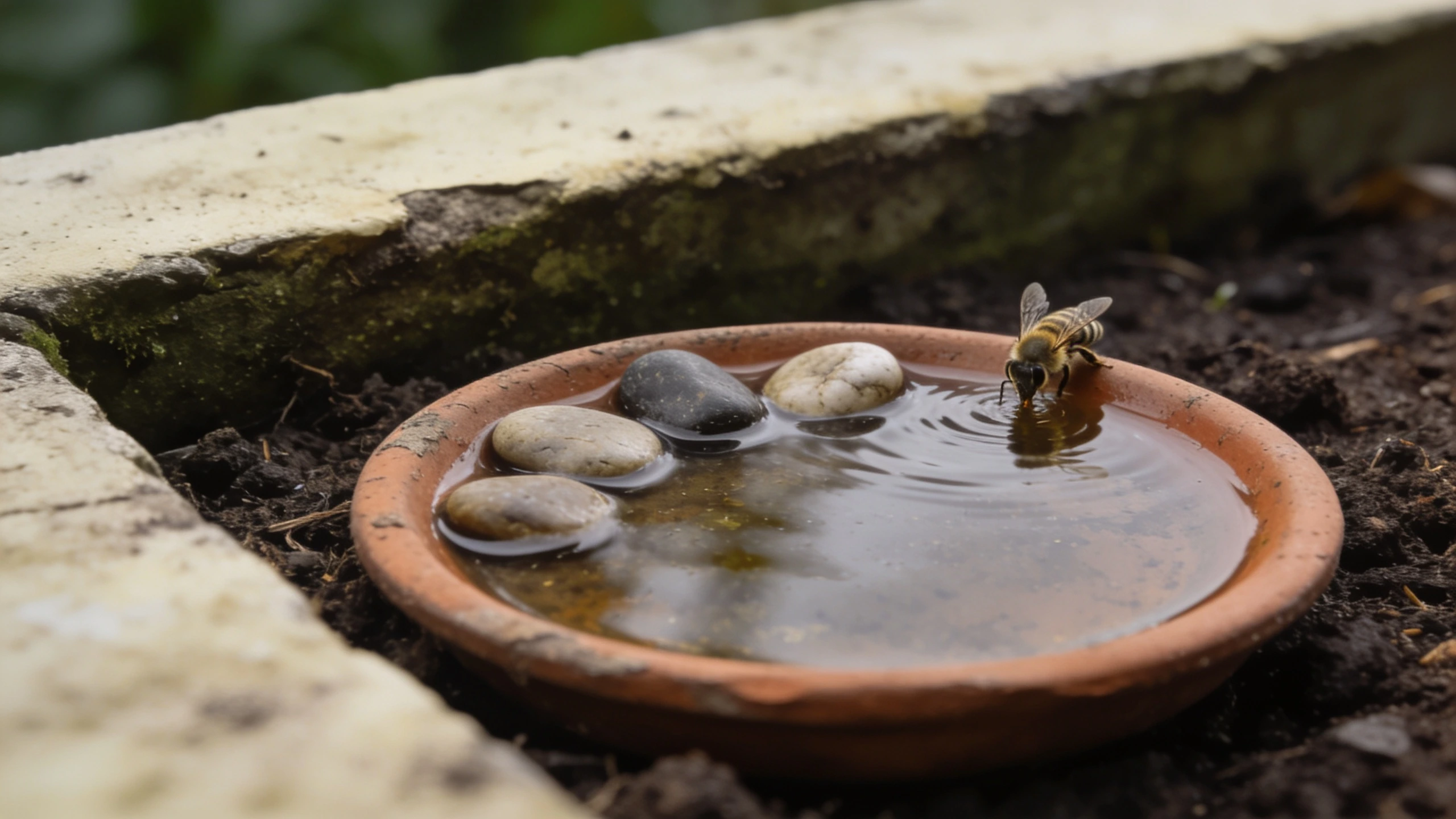 A shallow dish with landing stones, the cheapest thing here Shallow terracotta dish of water with pebbles rising above the surface and a bee drinking