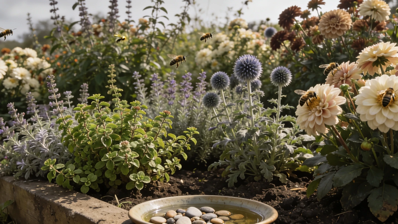 Sunny border of marjoram, catmint and single dahlias in flower with bees working them