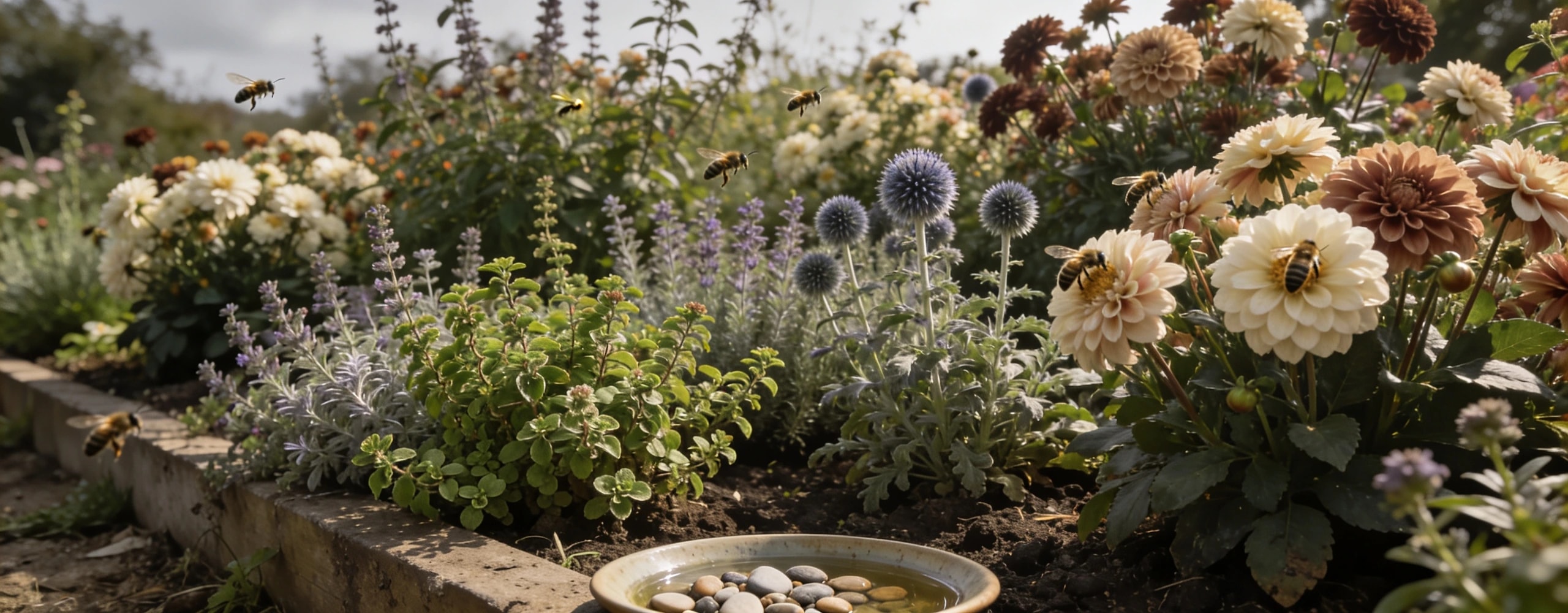 A pollinator border planted in drifts rather than singles Sunny border of marjoram, catmint and single dahlias in flower with bees working them