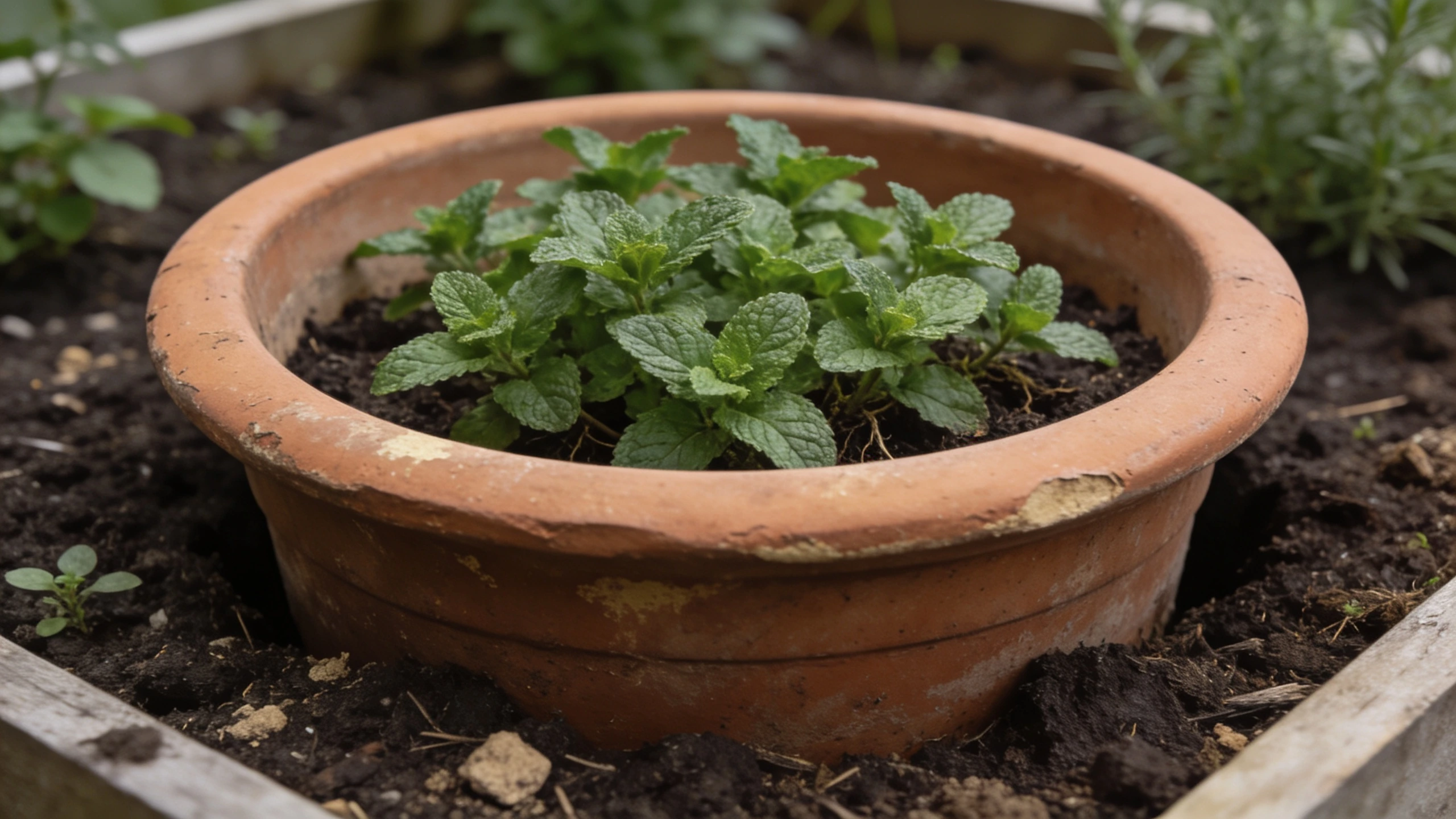 Mint in a sunken pot, which is the only way to grow it in a bed Mint growing in a large pot sunk to its rim in a herb bed