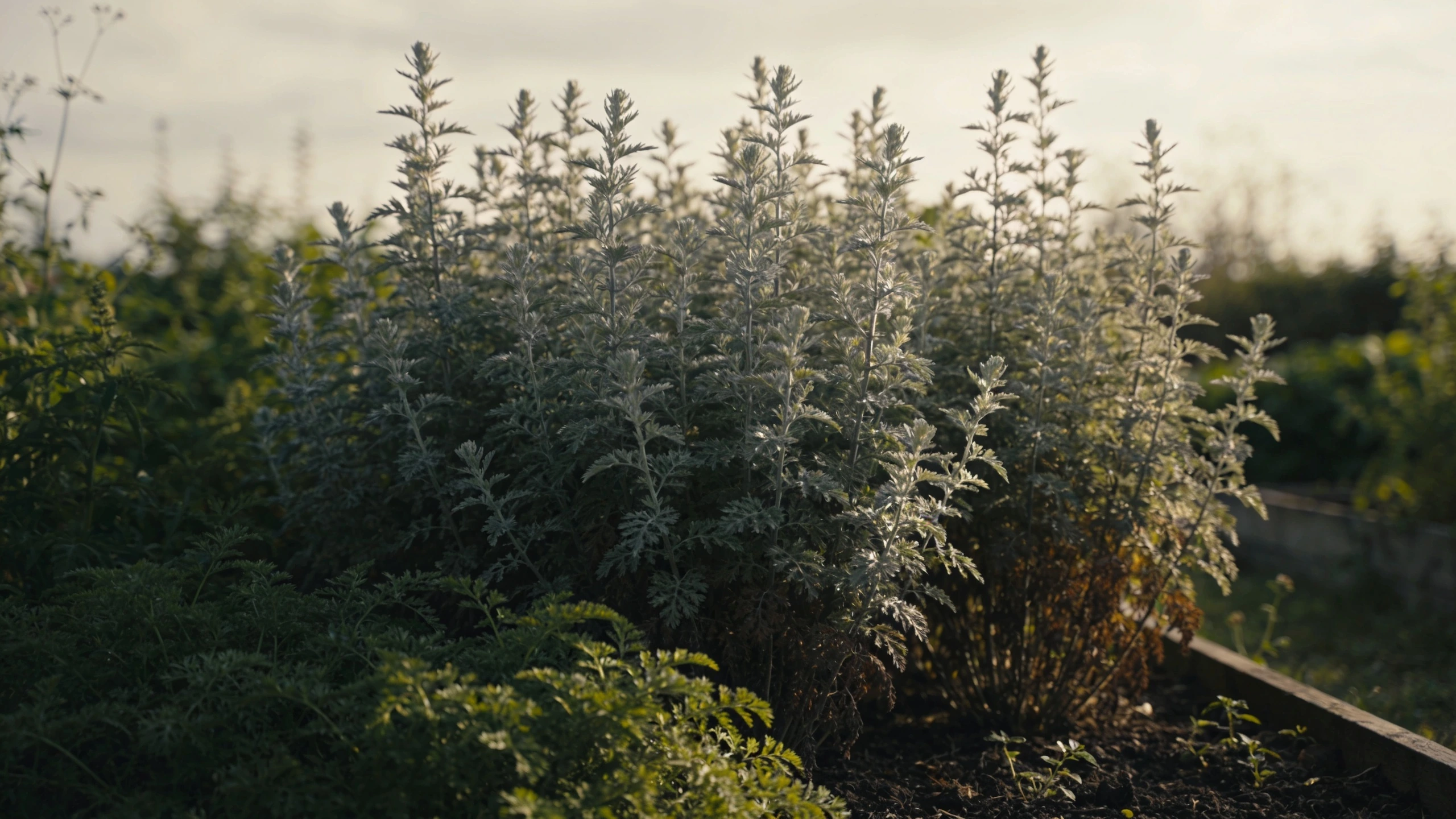 Mugwort and wormwood, the silver and the height Tall silver mugwort and finely cut wormwood foliage catching low light at the back of a bed