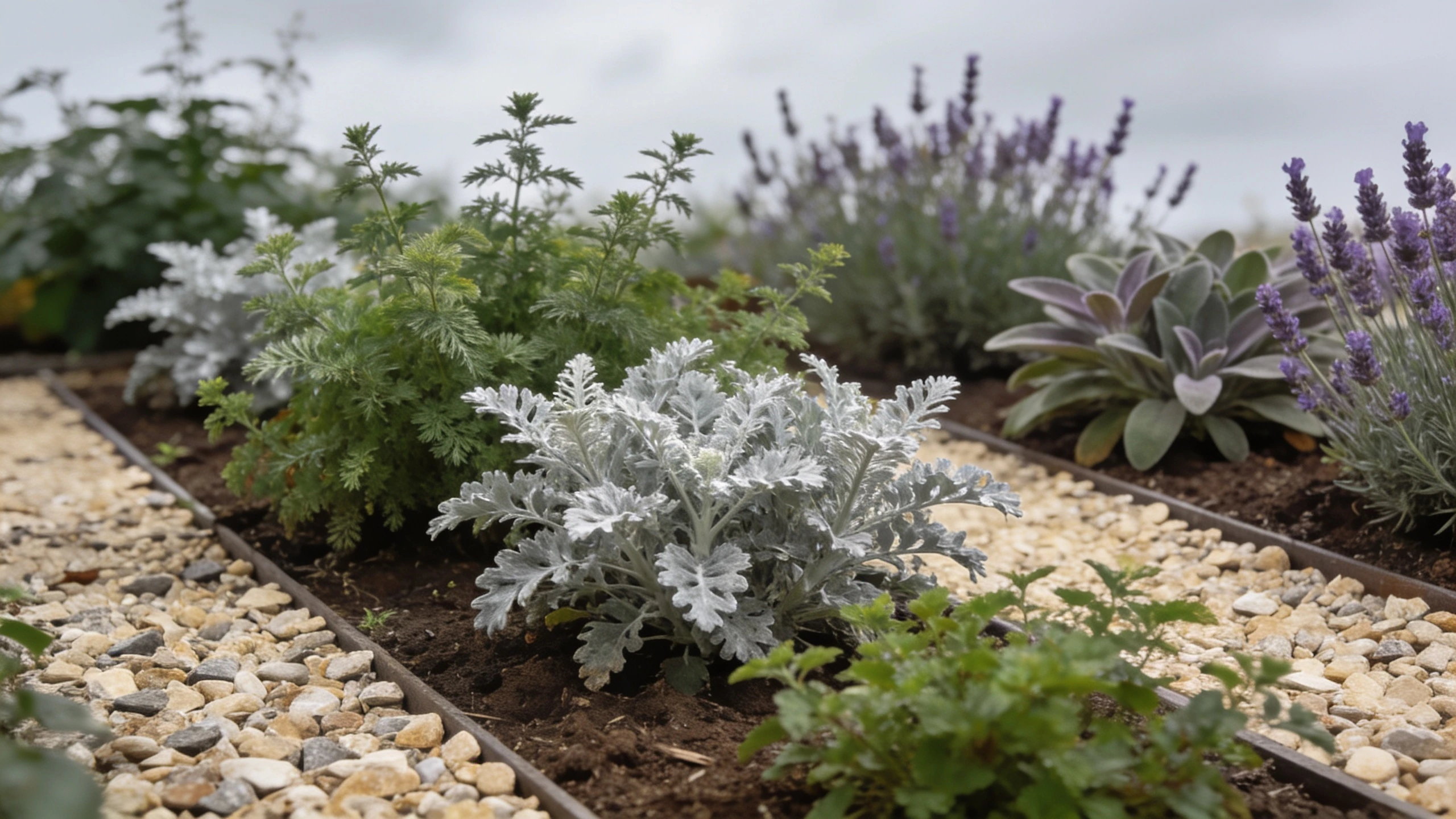 Silver and green: mugwort, wormwood, sage and lavender Herb bed of silver mugwort, wormwood, sage and lavender divided by narrow gravel paths