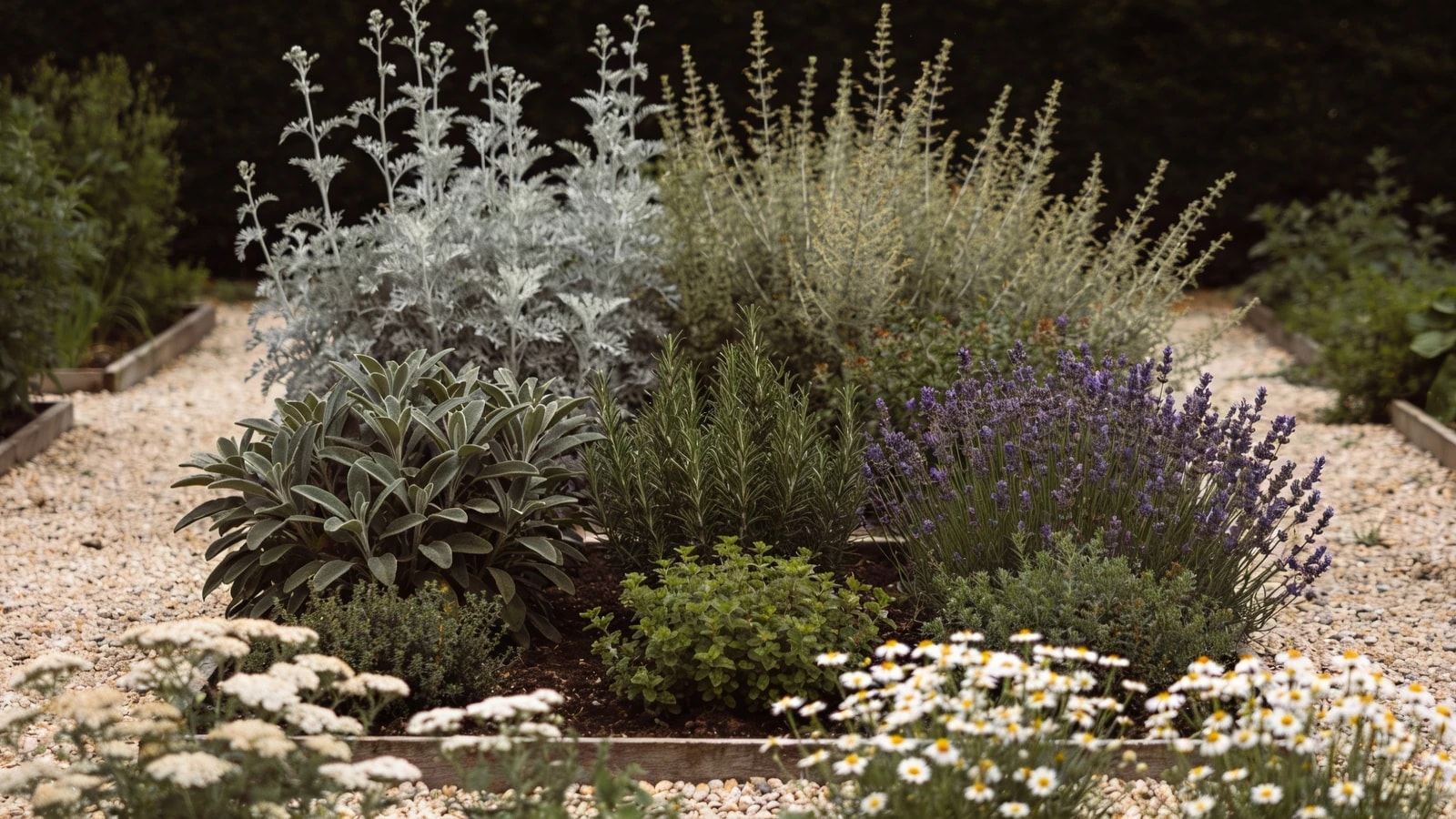 Divided herb bed of silver mugwort, wormwood, sage, lavender and thyme with gravel paths