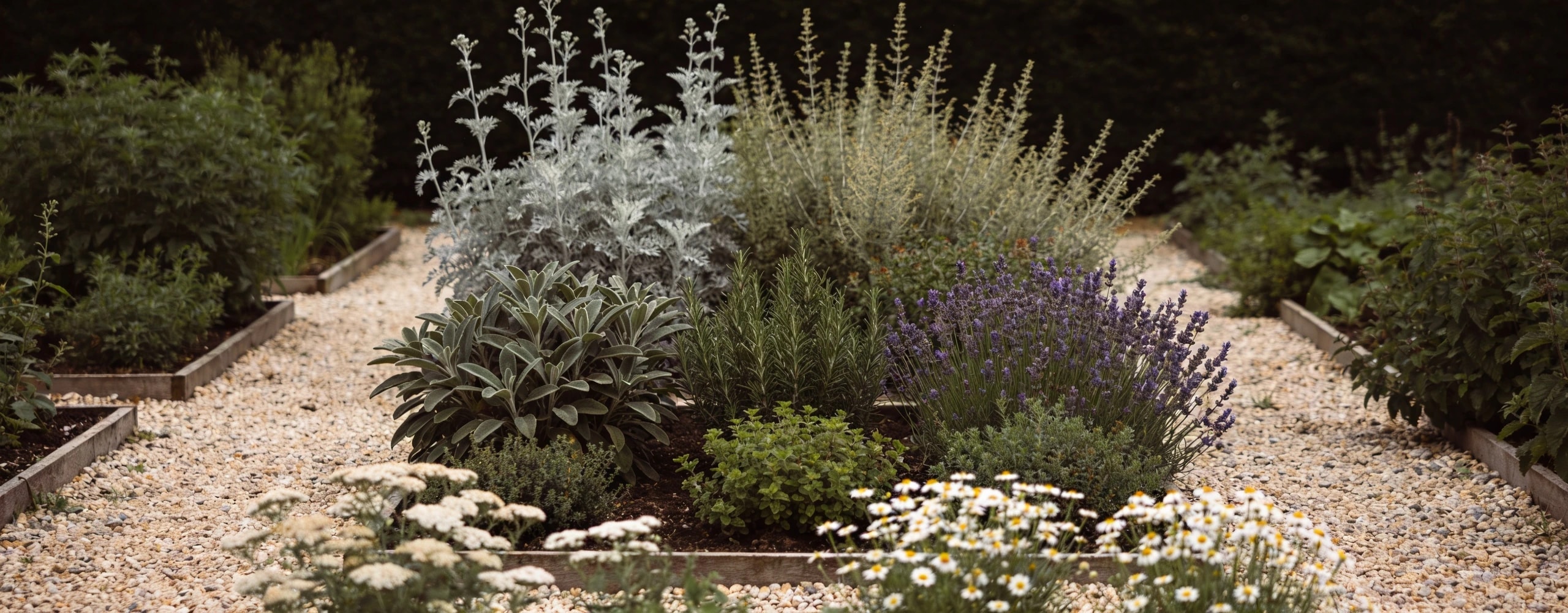 A traditional herb garden, which is what this really is Divided herb bed of silver mugwort, wormwood, sage, lavender and thyme with gravel paths