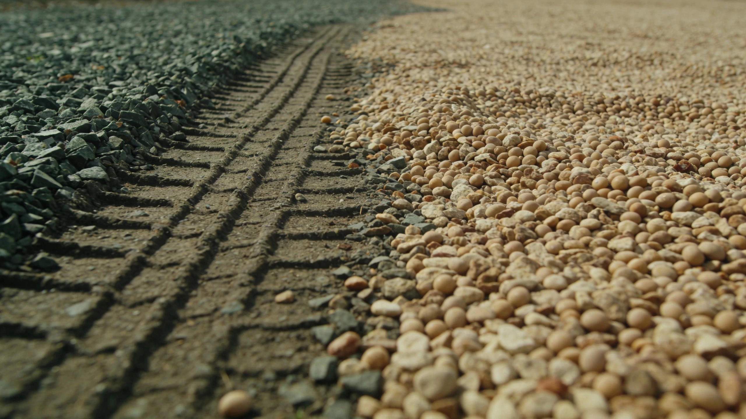 Angular grit next to rounded pea gravel, both raked Two patches of gravel side by side, angular grit holding raked lines and pea gravel collapsed flat