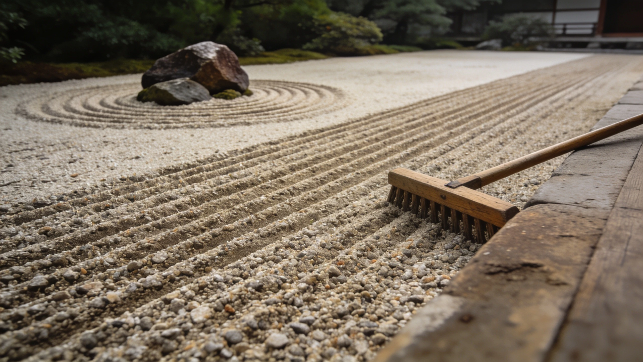 Straight lines across the open gravel, rings around the rock Raked gravel showing straight parallel lines with concentric rings circling a single set rock
