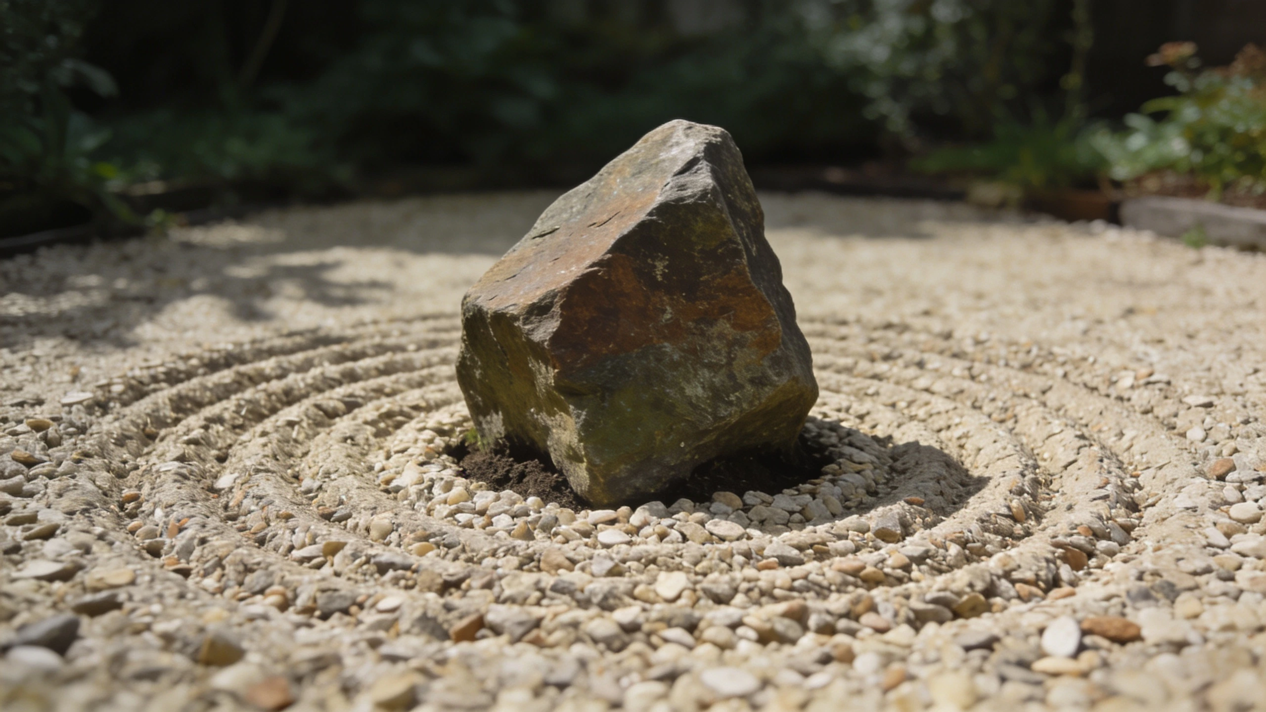 A rock set with a third of its depth buried Large angular rock set into gravel with the base buried so no flat cut face shows