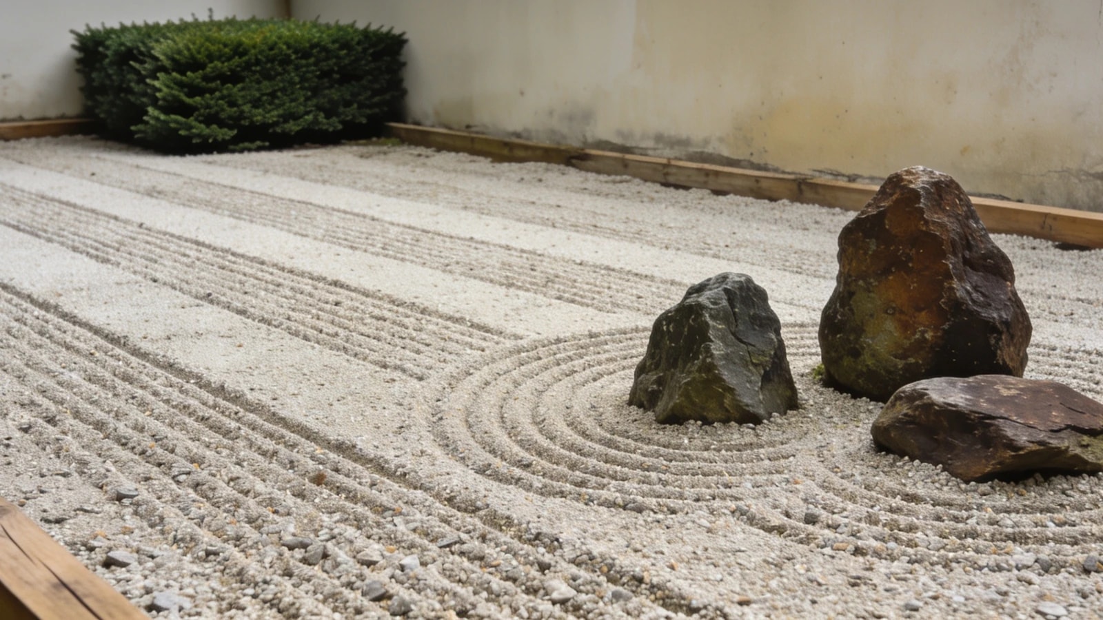 Pale angular grit raked in straight lines with rings circling three set rocks by a plain wall