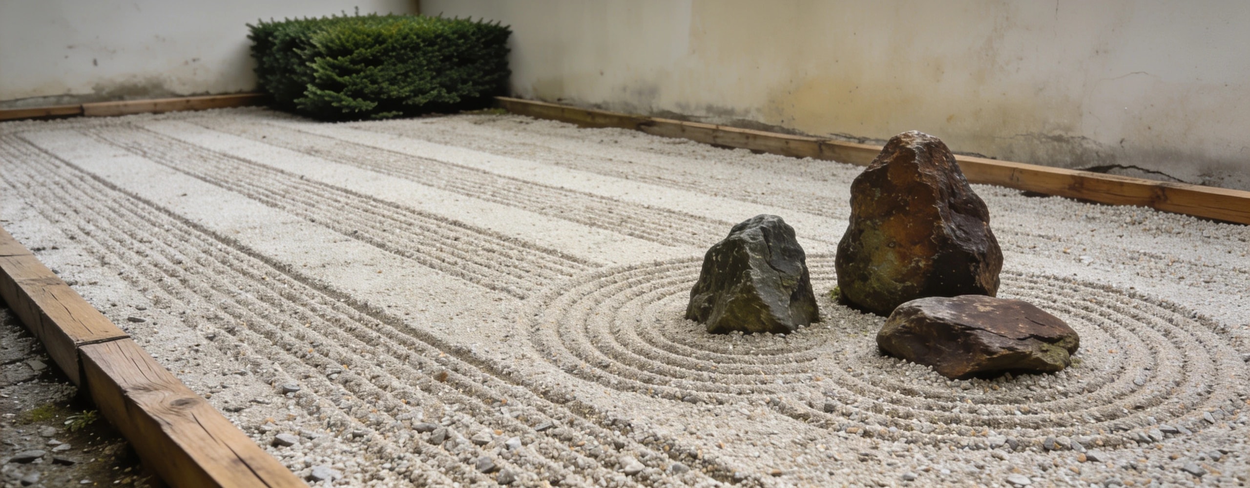 A karesansui dry garden of raked grit and set stone Pale angular grit raked in straight lines with rings circling three set rocks by a plain wall